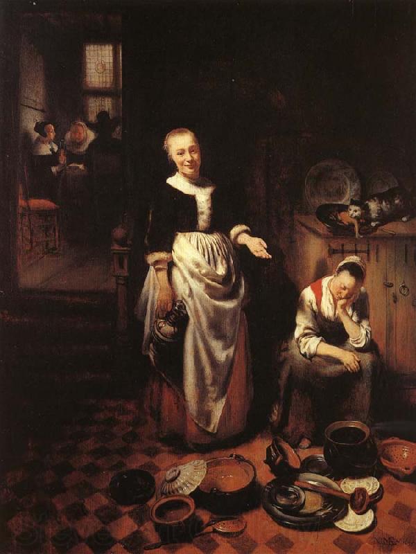 MAES, Nicolaes Interior with a Sleeping Maid and Her Mistress Spain oil painting art